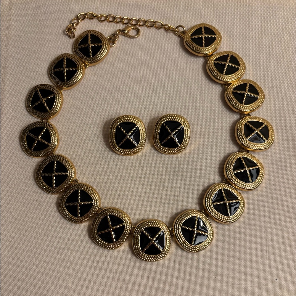 Park lane Black Enamel Gold Plate Crisscross Necklace and Clip Earrings